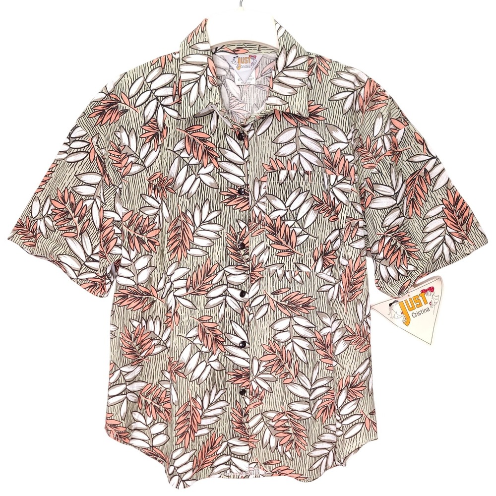 Just Cristina Womens Vintage Tropical Leaf Button Down Shirt‎ Olive Green Medium